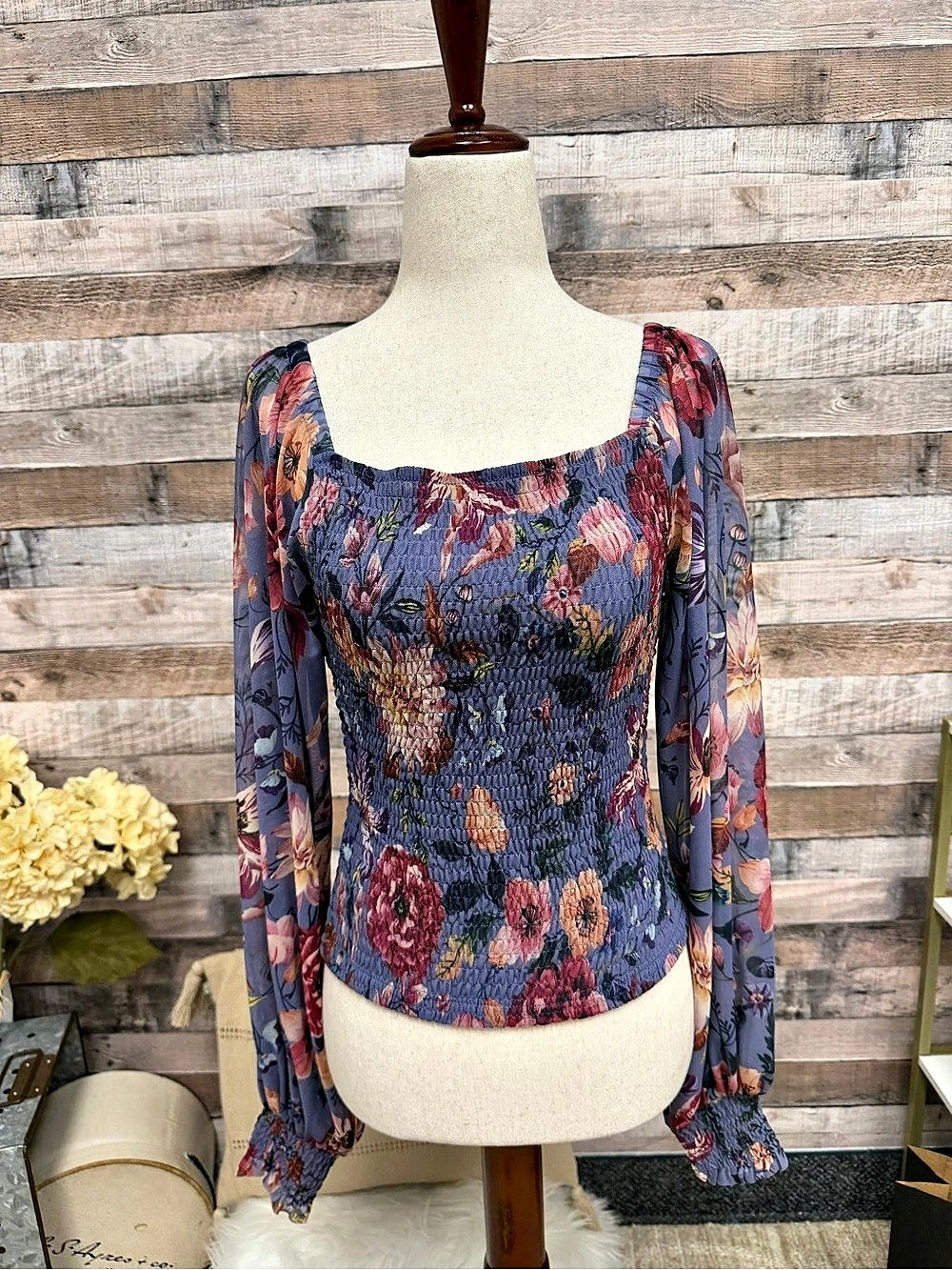 Anthropologie Purple Floral w/ Smocked Bodice and Balloon Sleeves XS